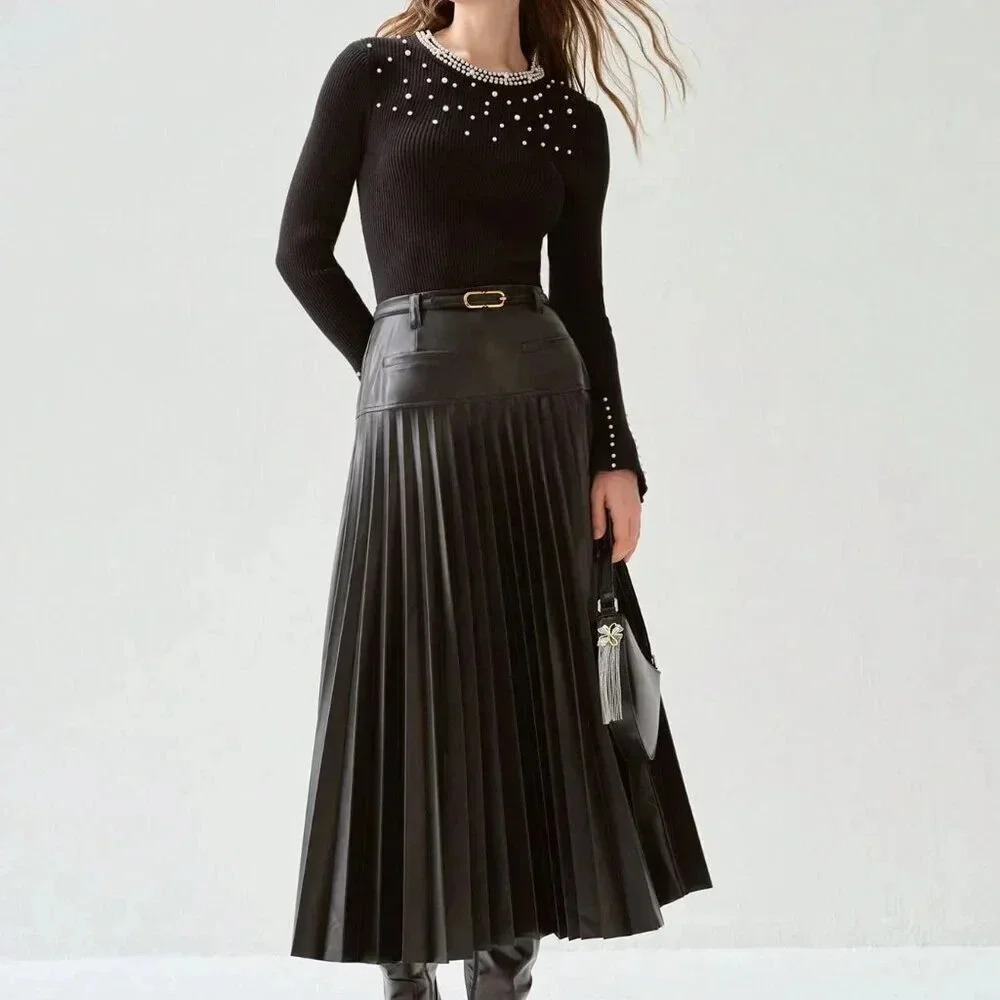 Black Casual Women's Romantic Black Pleated PU Skirt - Picture 5 of 5